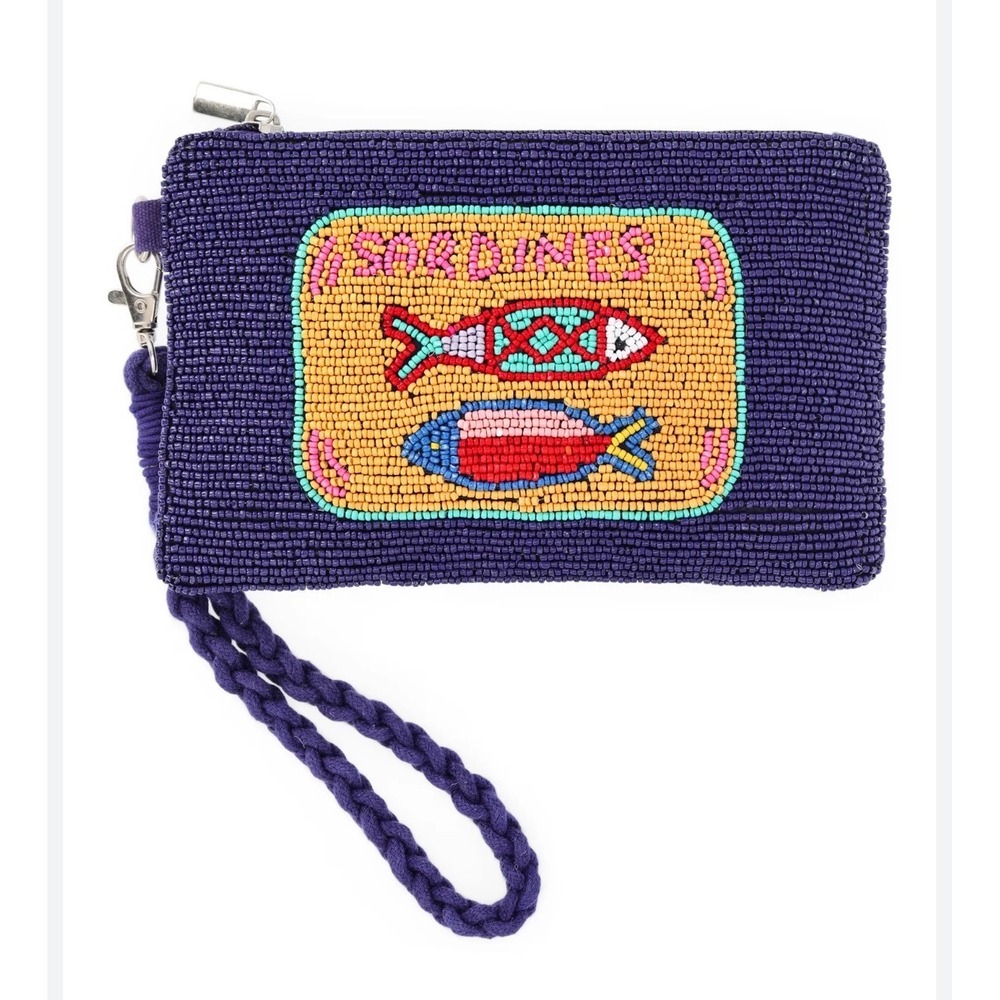 Purple Seed Bead Sardines Wristlet Clutch Bag Hand Beaded Fish Graphic Zippered